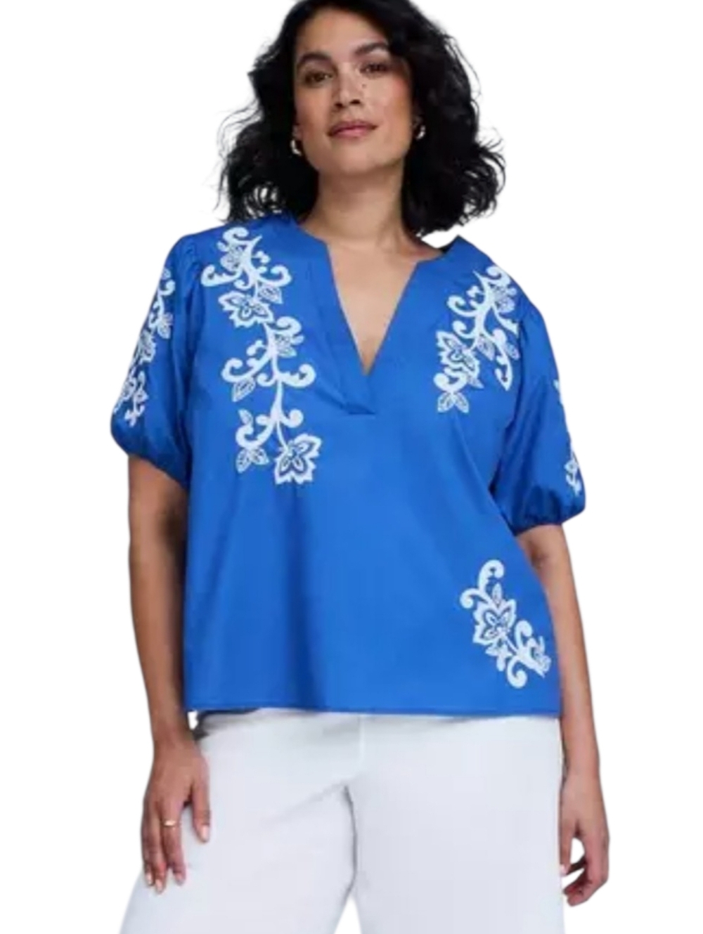 Torrid Belle Isle Embroidered Ocean Blue Puff Sleeve Deep V Cotton Top